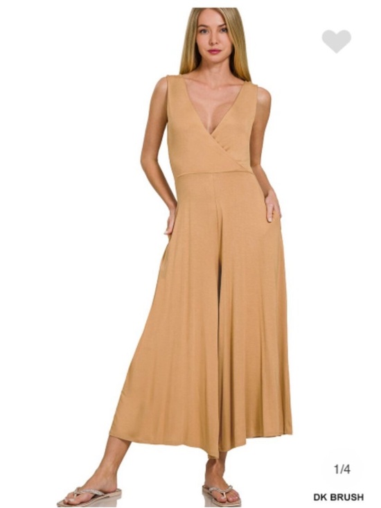 Zenana Outfitters Pants - Zenana Outfitters Sleeveless V‑Neck Wide‑Leg Jumpsuit in Tan